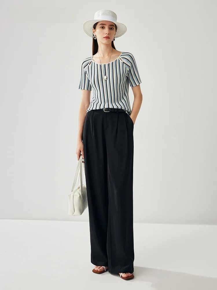 

Zhaojun Spring Summer New Sle Women's round Ne ort Sve Knitted T-irt Silk Hollow out Slim Fit Thin Top Stripe Pattern