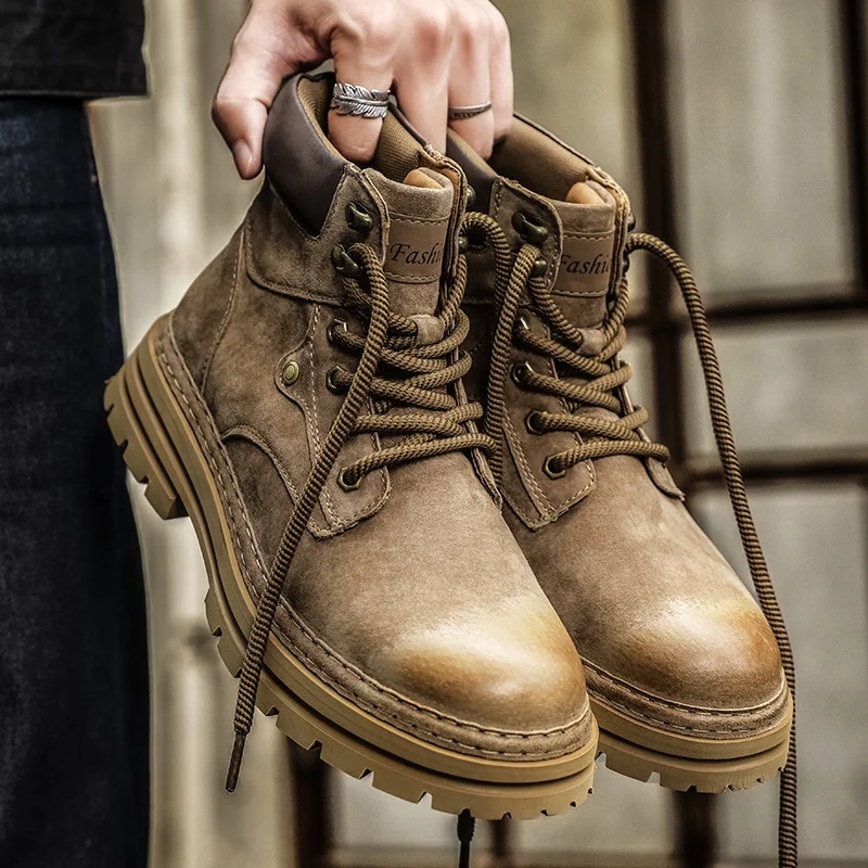 Outdoor Motorcycle Boots Top Quality Walk Shoes Vintage Leather Men's Snow Boots Fashion Man Ankle Boots Lace Up High Top Shoes