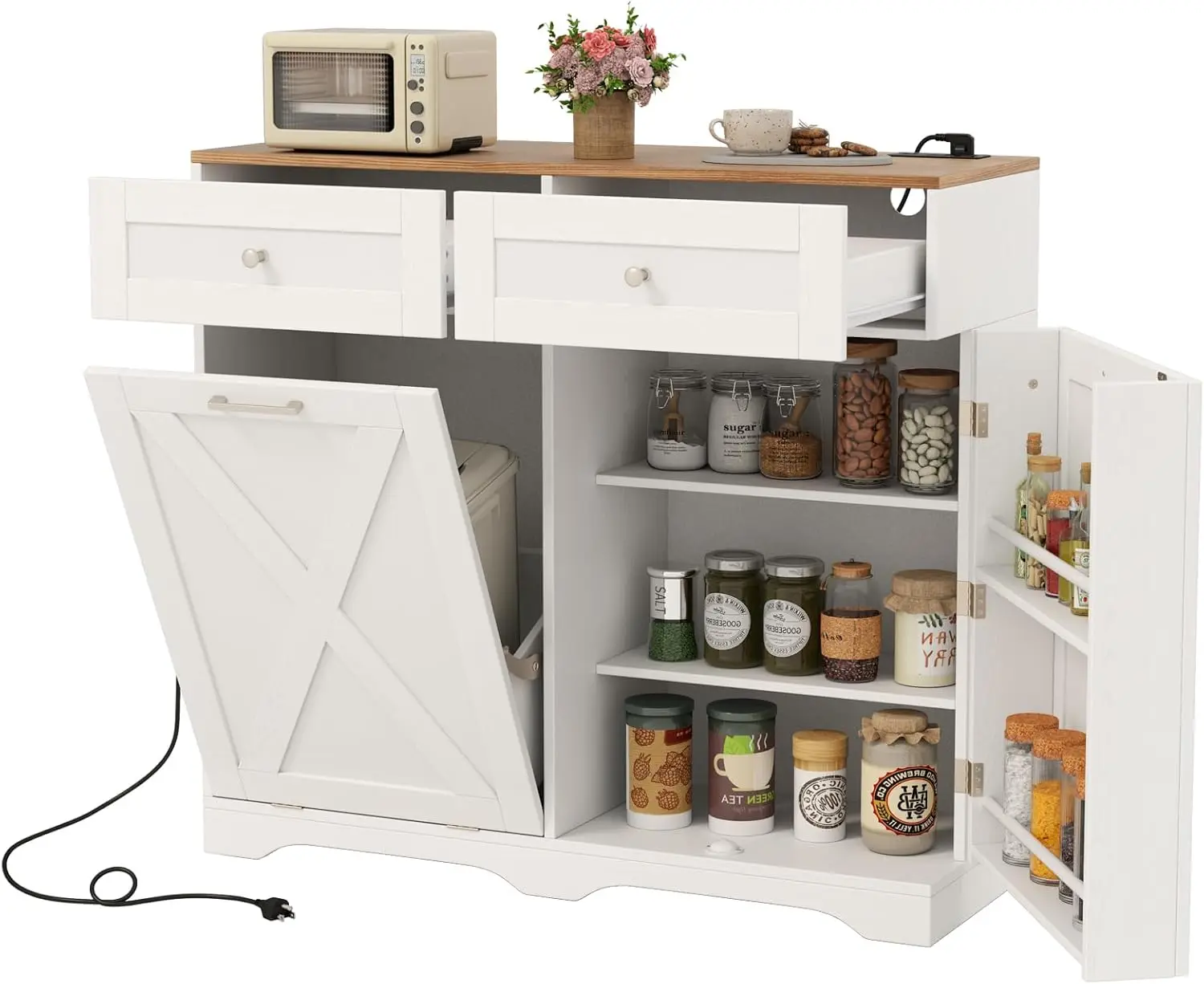 

Tilt Out Trash Can Cabinet 10 Gallon, Kitchen Island with Power Outlet, 2 Drawers, Adjustable Shelves, Hidden Storage G