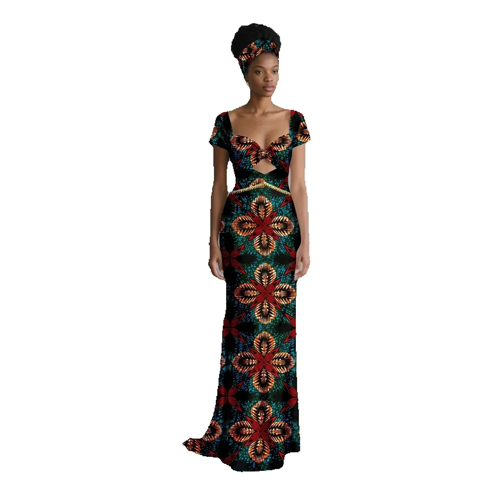 

African Dresses for Women Sexy Short Sleeve Square Collar Hollow Dress Vestidos with Headwrap Wedding Party Gown Birthday Dress