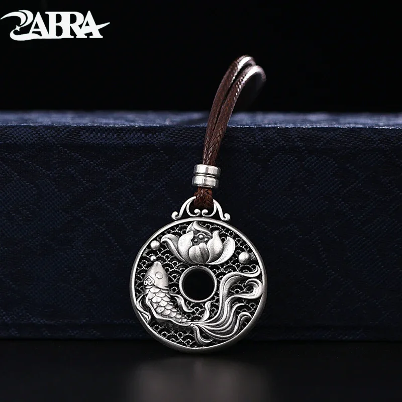 ZABRA Retro S999 Sterling Silver Filigree Double-sided Carp Safety Buckle Pendant Pendant Necklace for Men and Women