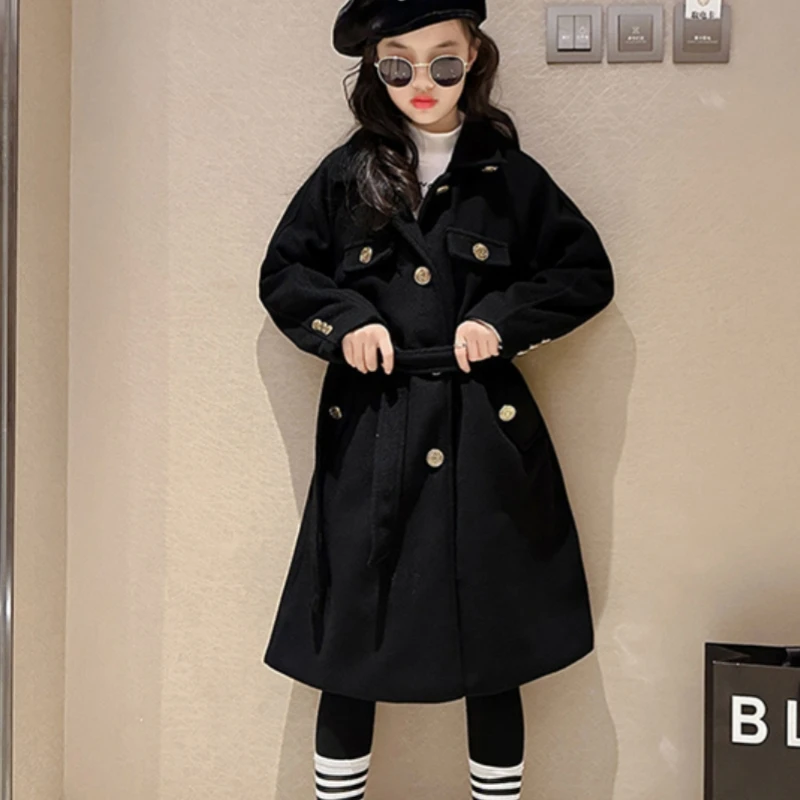 

Girls Woolen Coat Jacket Windbreak 2023 Sweet Warm Thicken Winter Cotton Overcoat Christmas Teenagers Children's Clothing