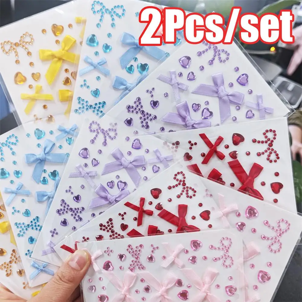 2pcs Christmas Pink&Red Ribbion Bow Face Jewelry Shiny Love-Heart Bowknot Decal Self-Adhesive Bowknot&Hearts Rhinestone Stickers