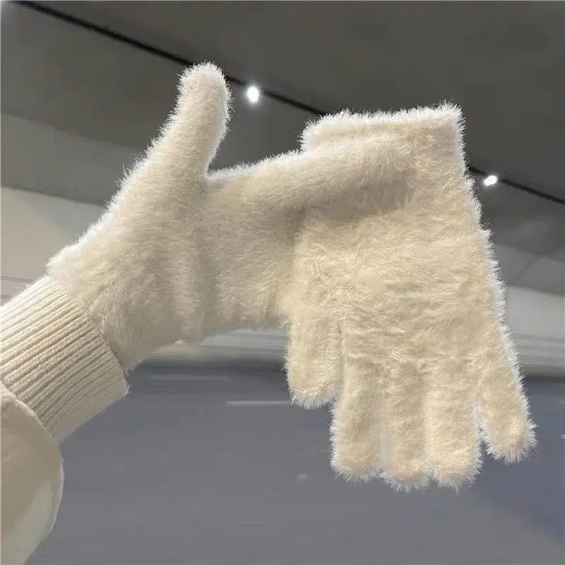 AliExpress Fashion Winter Mink Velvet Five Finger Gloves Plush Warm Cold-proof Gloves Women Outdoors Cycling Solid Color Wistiti Mittens