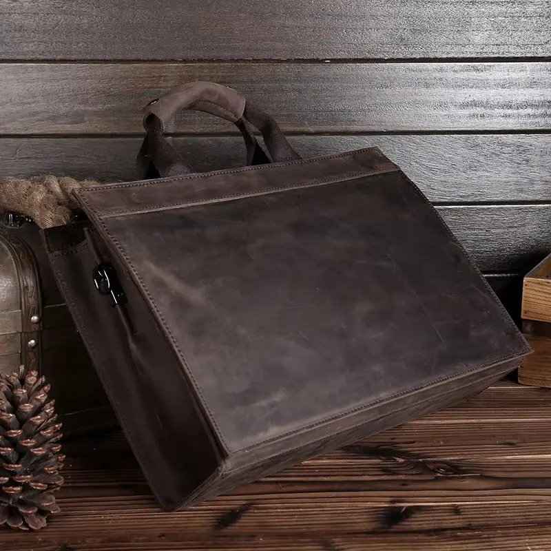 ยี่ห้อกระเป๋าเอกสารผู้ชาย Crazy Horse กระเป๋าแล็ปท็อปหนังแท้ขนาดใหญ่ความจุกระเป๋าเอกสารผู้ชาย PURE สีกระเป๋าแล็ปท็อป