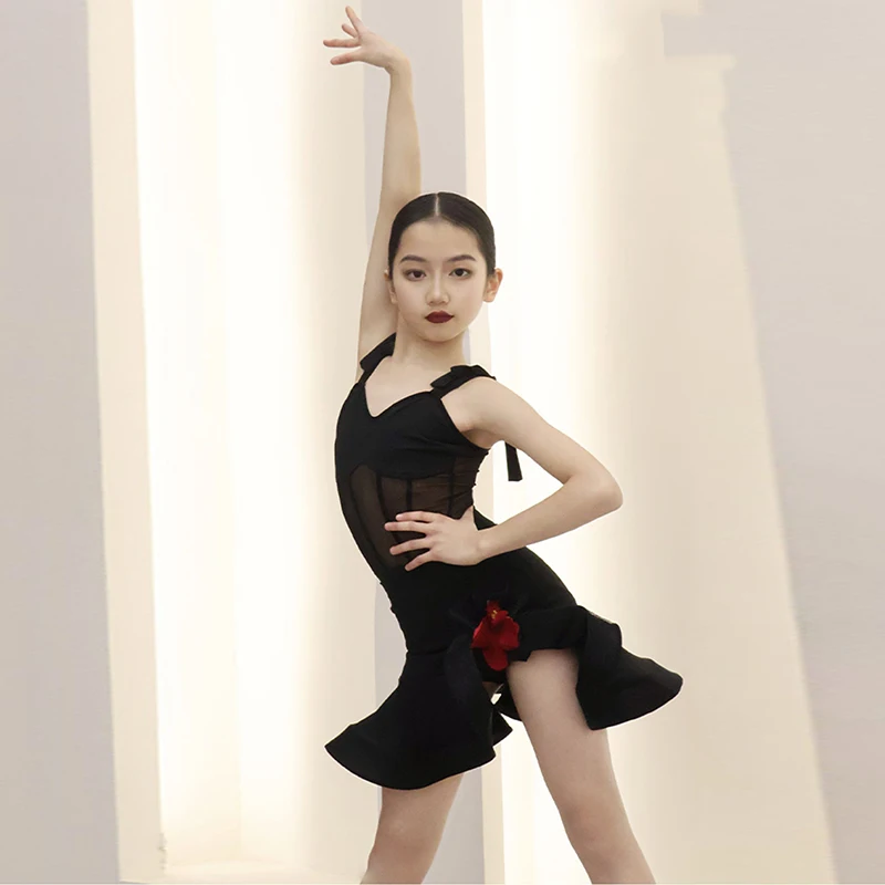 子供のための黒いメッシュのスリングドレス,ラテンダンス,サルサの練習服,競技パフォーマンスの衣装,女の子のためのサンバ,xh1920