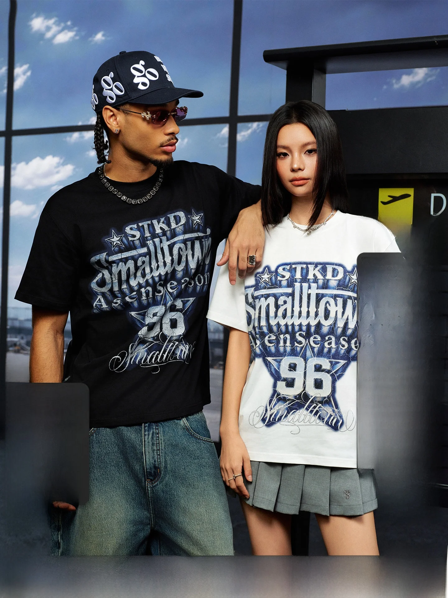 STK SmallTownKid Main Street Deep Blue Star Rock Short Sleeve T-Shirt American Letter Print Loose Fit Cotton round Neck Top