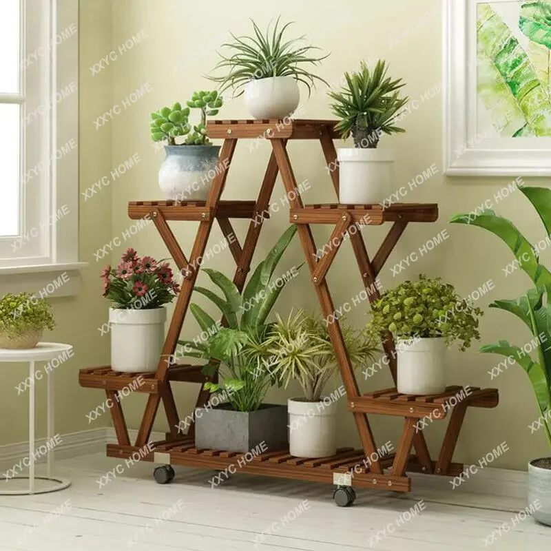 

Triangular Plant Shelf 6 Potted Carbonized Wood Plant Holder Flower Pot Stand Display Storage Rack with Wheels for Garden