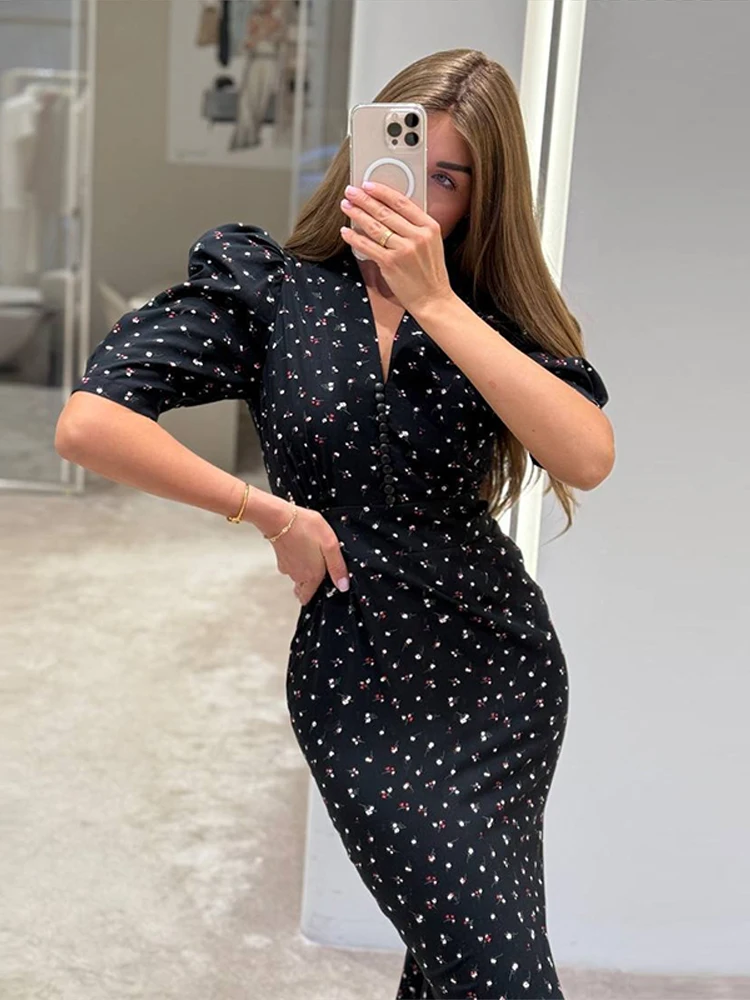 

Printed V-neck Puff Sleeve Long Dress Women Elegant Short Sleeves Buttons Waist Cinching Party Dresses Chic Office Lady Vestidos