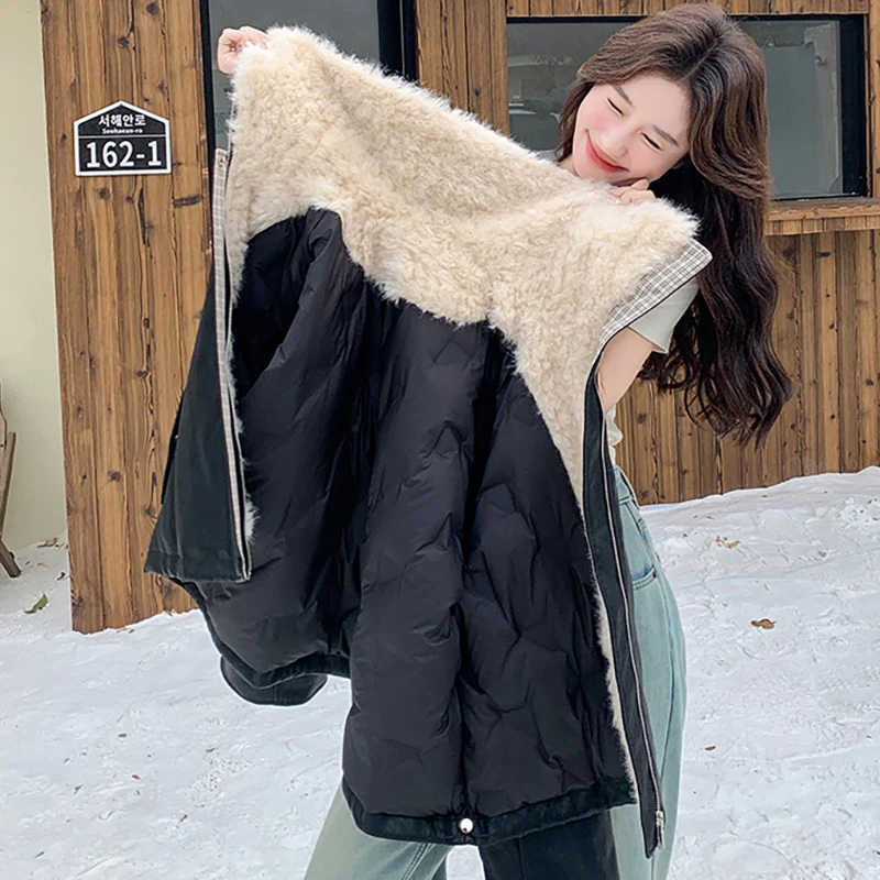 Furs femmes agneau polaire Patchwork blanc canard vers le bas doublé en cuir nouveaux vêtements d'extérieur veste en cuir PU hiver épaissi chaud vers le bas manteau
