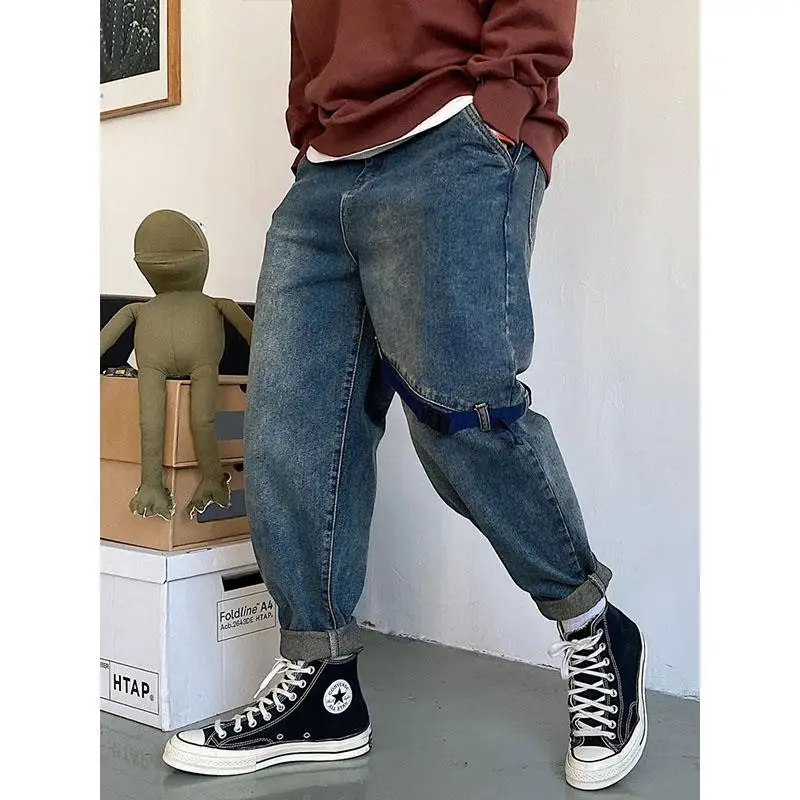 

Джинсы унисекс с высокой талией, свободного кроя, повседневные, летние, модные, брендовые, в стиле Харлан, длинные брюки, ретро, для отдыха, в стиле Хонконг