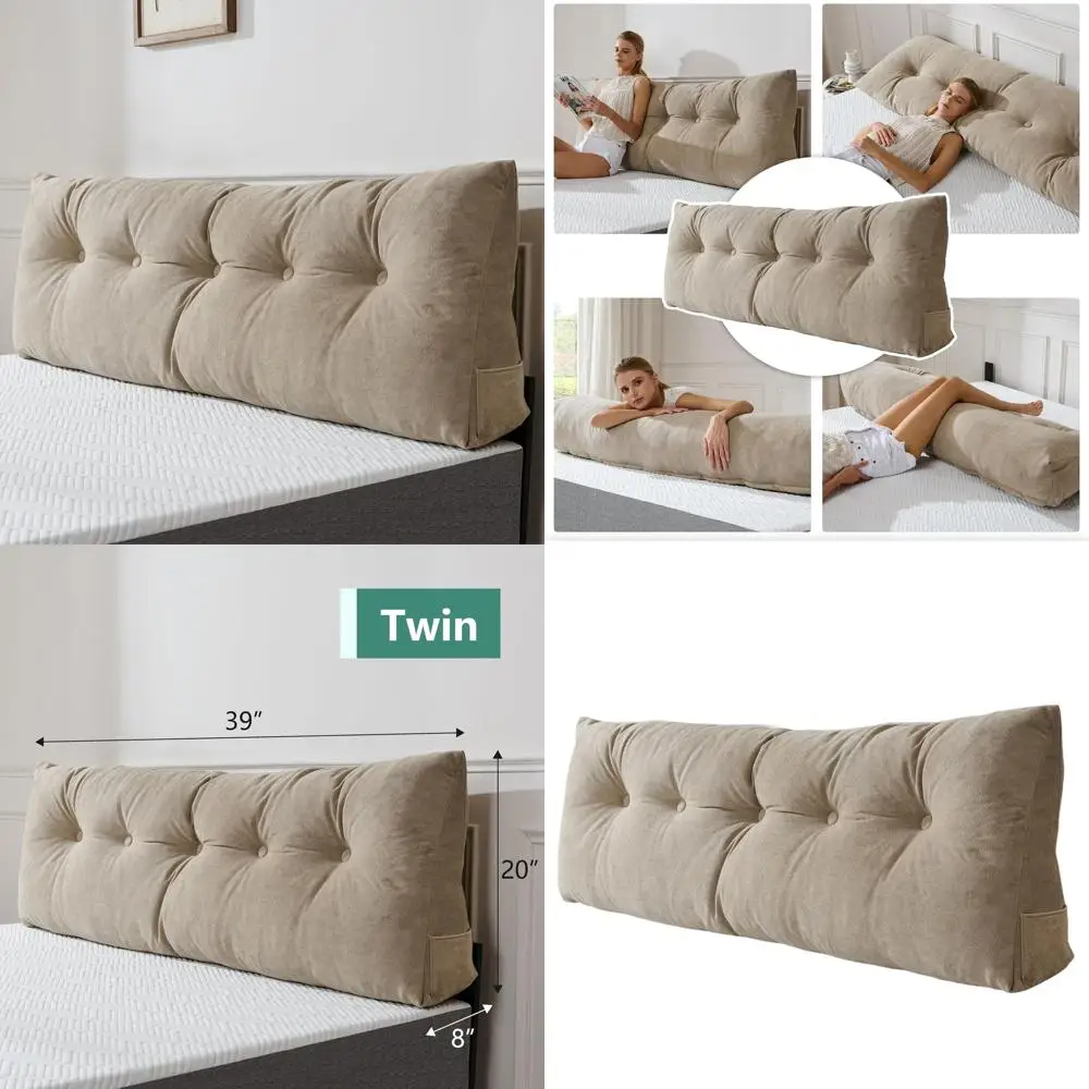 

Треугольная клиновая подушка изголовья — съемный чехол, боковые карманы, поддержка чтения и телевизора, бежевый двойной, 39x8x20