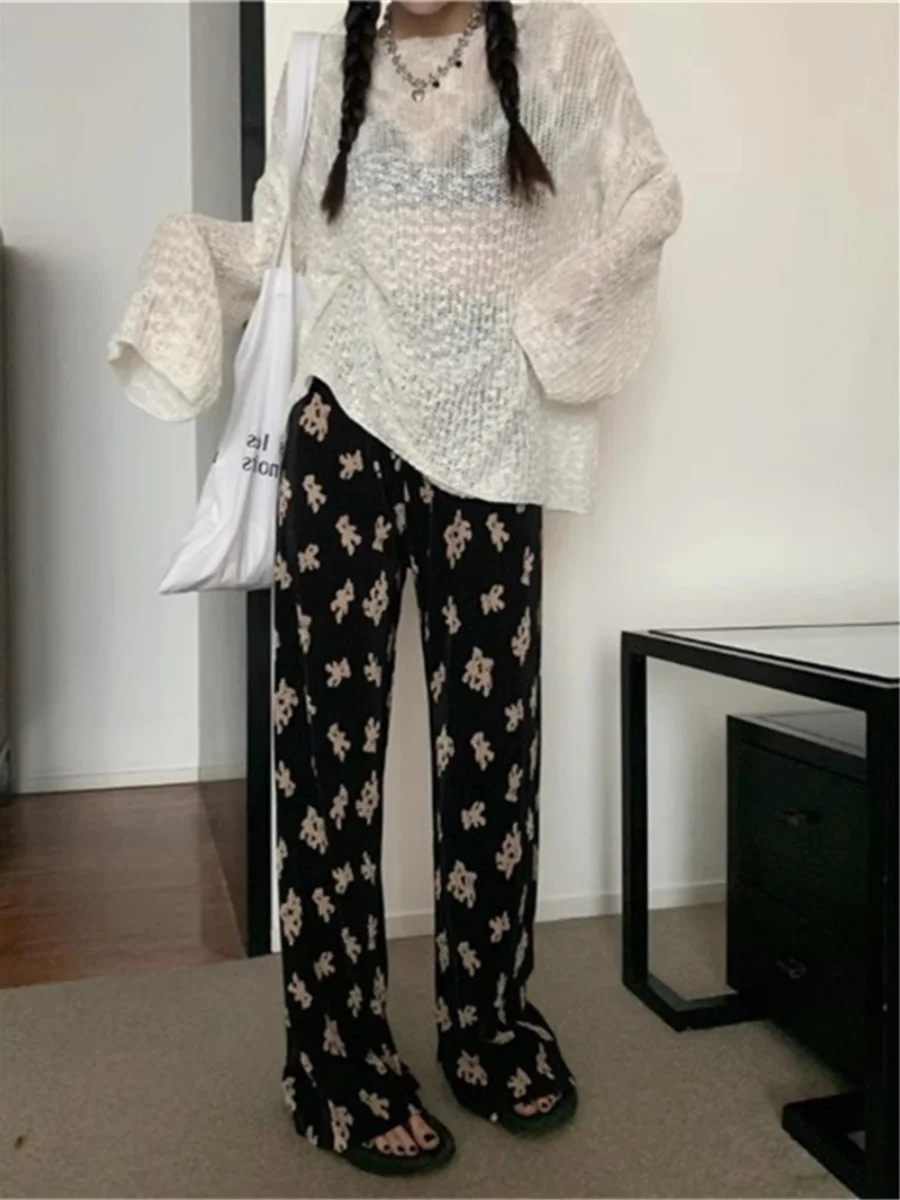 Schattige beer hoge taille wijde pijpen broek dames zomer 2024 nieuwe luie Sle casual broek Koreaanse versie lange broek