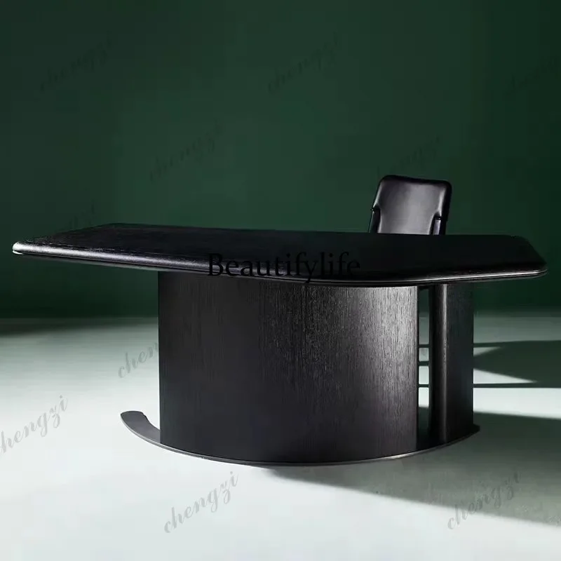 A68Italian minimalist designer solid wood curved desk black modern light luxury desk