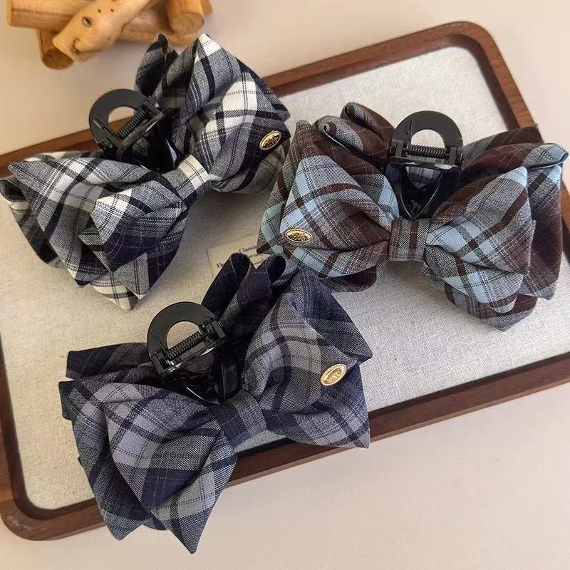 Plaid Stoff Doub Layer Schleife Haarspange für Frau elegante Hai Clip Mode Mädchen Hinterkopf Haarnadel Haarschmuck