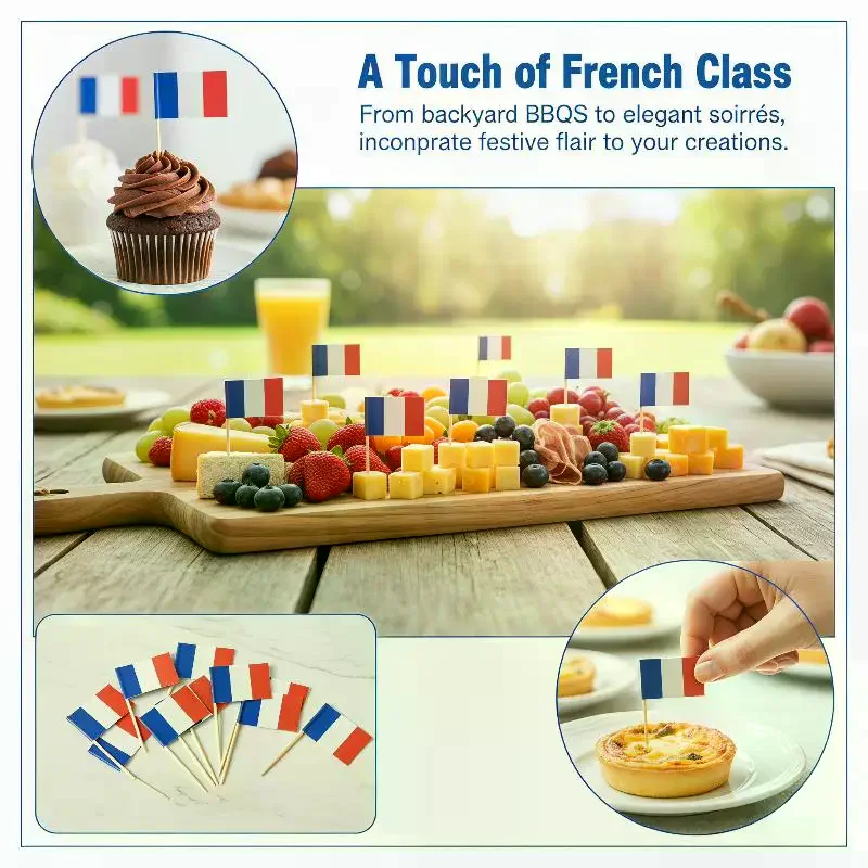 100pcs French Toothpick Flags, Appetizer Skewers for Thanksgiving, Christmas & French Theme Party Supplies