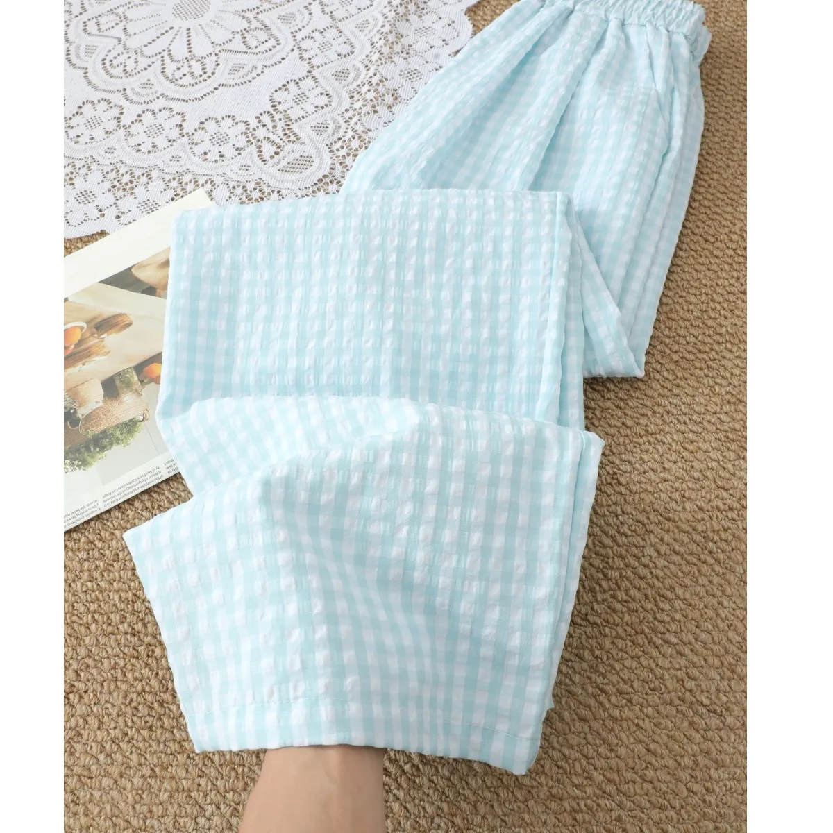 

Mint Blue Plaid Wide Leg Pants Women's Casual Home Outdoor Wear plus Size Slimming Drapey Small Stature Walking Trousers