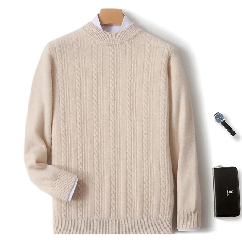 Men Pure Wool Twist Flower Pullover Half High Collar Sweater 100% Merino Wool Knitwear Autumn Winter Smart Casual Cashmere Top