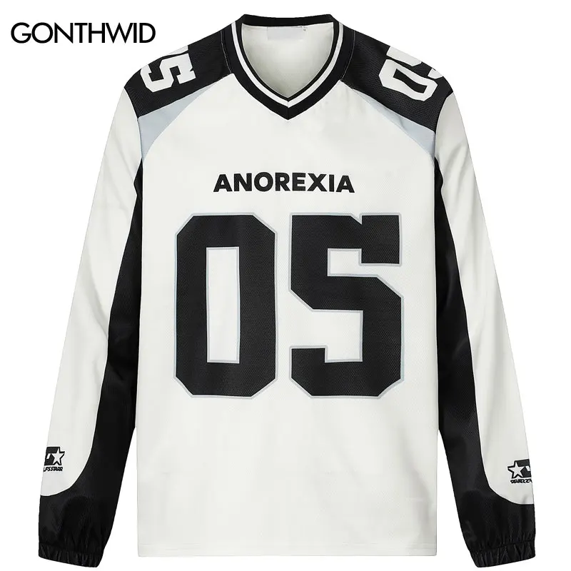 

Men Vintage Jersey T-Shirt Y2K Graphic Printed Patchwork Sport Long Sleeve Shirt Streetwear Harajuku Casual Loose V-Neck Shirts
