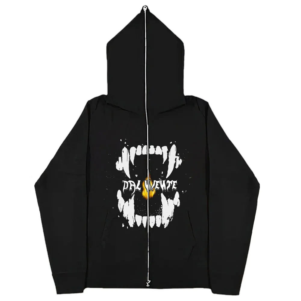 Vintage Mens Zip Hoodie Sweatshirt Y2K Grunge Hip Hop Ripped Embroidery Teeth Patch Hooded Streetwear Harajuku Punk Gothic Pullo