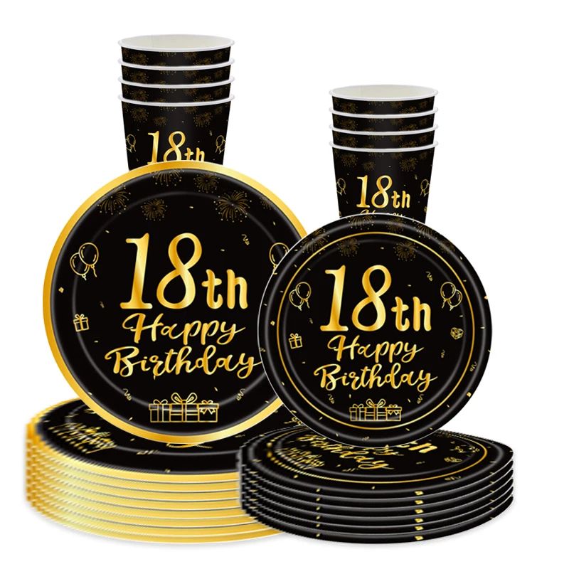 8Guests 18 Years Old Birthday Disposable Tableware Sets Black Golden 18th Paper Plate Napkin Cup Happy 18th Birthday Party Decor