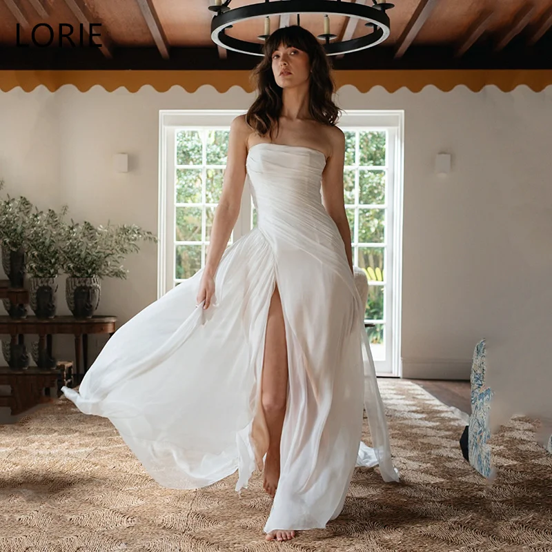 

LORIE Elegant A-Line Wedding Dress Sleeveless Strapless Bride Prom Dresses Side Slit Chiffon Bridal Gown 2025 Customized