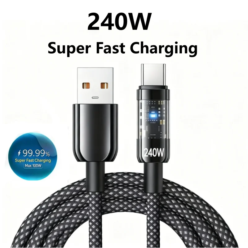 240W Nylon USB Type C Super Fast Charging Cable For Samsung Xiaomi Huawei Honor LED Digital Display USB C Charger Data Cord