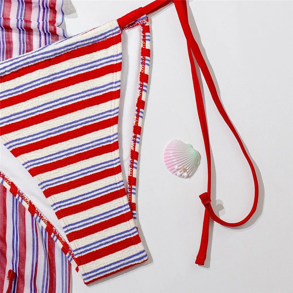 Rouge rayé imprimé Triangle Bikinis ensembles 3 pièces maille couverture Ups vacances maillots de bain Micro string Sexy maillot de bain femmes 2026 Biquinis