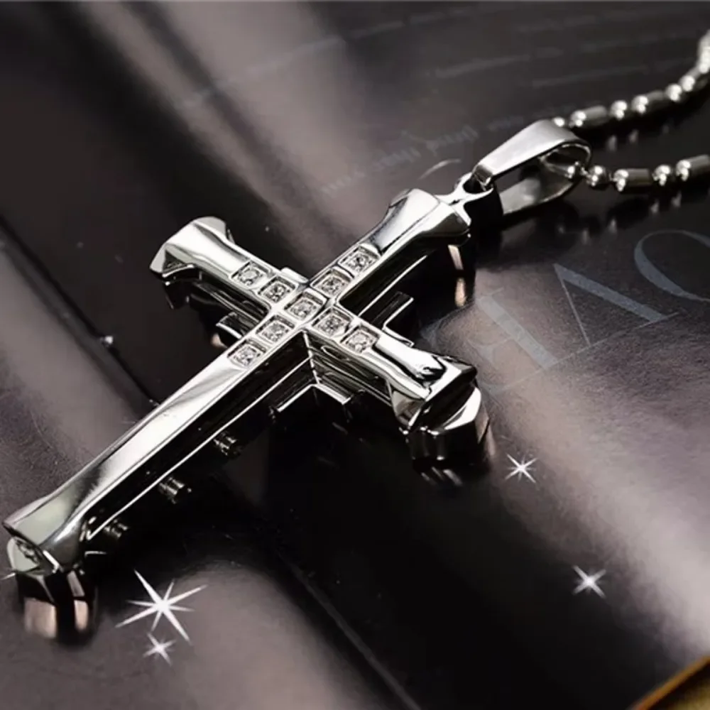SUEMNG 2025 New Male Crystal Cross Jesus Pendant Gold/Black/Blue Color Zirconia Necklace Stainless Steel Jewelry for Men