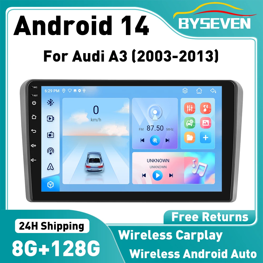 Byseven Android 14 is suitable for Audi A3 8P car radio 2003-2013 car radio car multimedia video player Wireless Carplay