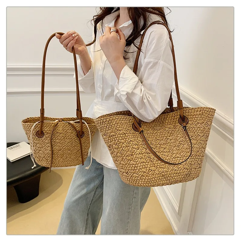 

Летняя пляжная сумка-тоут из соломы большой вместимости, женская сумка через плечо во французском стиле, идеальная для отпуска и хранения вещей