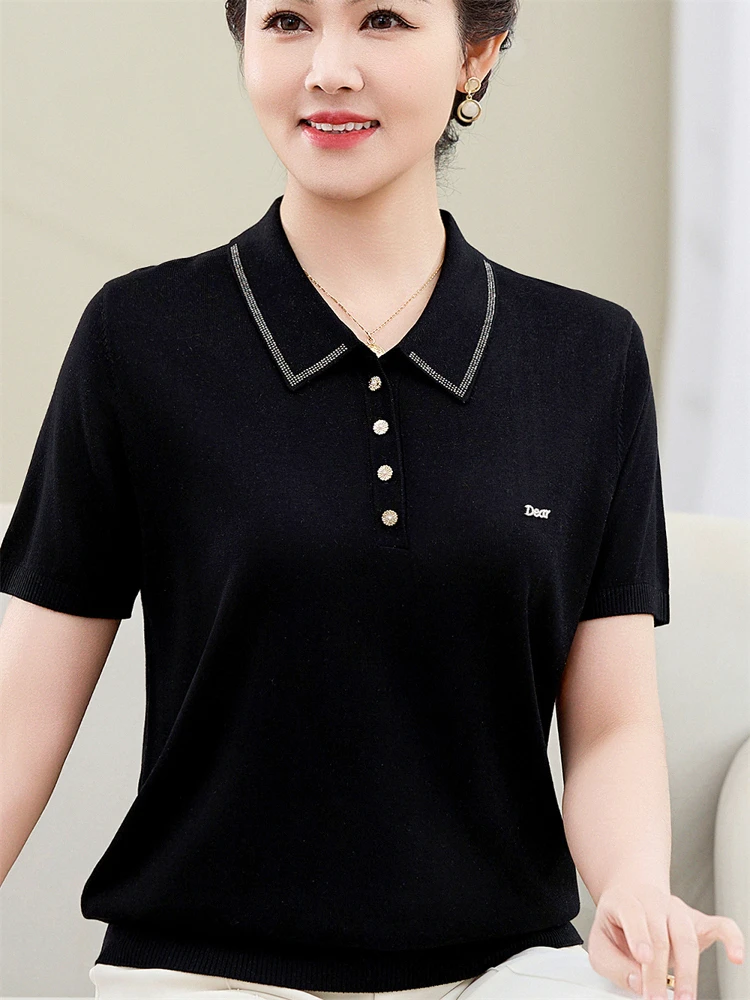 

Summer Ice Silk Loose ort Sve T-irt for Mom Faionable Thin High-End Small irt Collar Regular Sve Pure Color