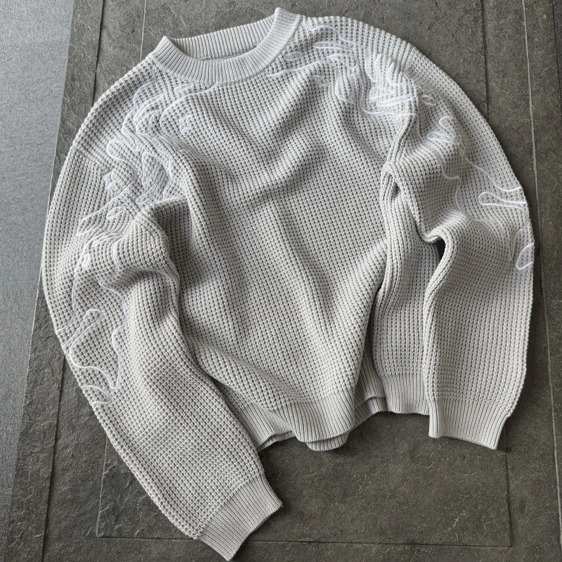 

Y2K Retro Trendy Light Grey Knitted Sweater Embroidery Line Pattern Harajuku Pullover Autumn Winter Warm Unisex Loose Streetwear