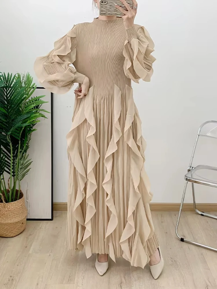 EGRM Fashion Ruffles Pleated Long Dress Women Round Neck Full Sleeves Solid Maxi Belt Dresses Party 2024 Autumn New 2AA1502