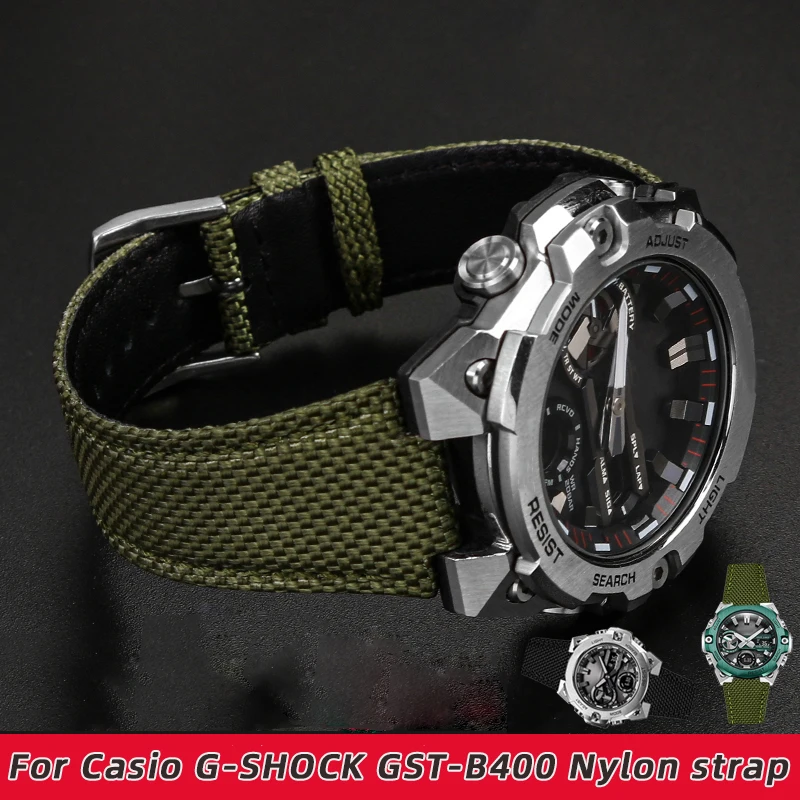 For CASIO G-Shock GST-B400 men nylon watch band cowhide watchband 14mm Convex breathable Stainless steel Wrist strap accessories
