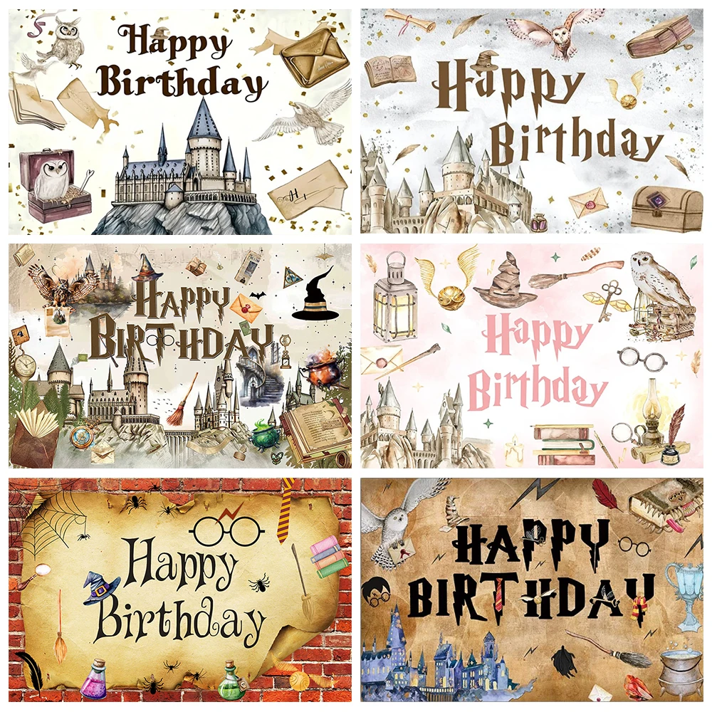 Cartoon Wizard Castle Magic Academy Background Children Birthday Party Cake Table Decoration 9 3/4 Platform Banner Photo Props