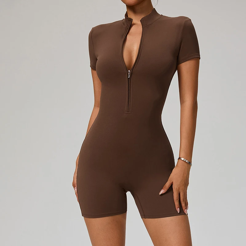 SOISOU Tuta con cerniera Donna Maniche corte Abbigliamento Abbigliamento sportivo Donna Palestra Yoga Set sportivi Set da allenamento in nylon Tuta da donna