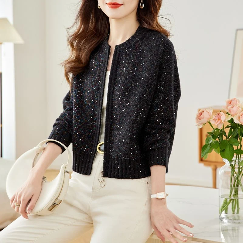 

Women's 2025 New Autumn Style Spliced round Neck Zipper Solid Color Knitted Cardigan Western Sequined Long-sleeved Top