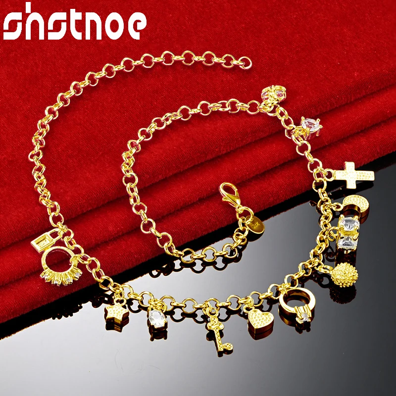 SHSTONE 24K Gold Key/Heart/Moon/Star/Ring Pendant Chain Necklaces For Woman Party Wedding Engagement Birthday Fashion Jewelry