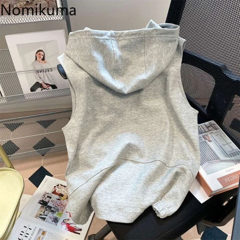 Hooded Gray Vest for Women Sleeveless Zipper Jackets 2024 Ropa Mujer Streetwear Fashion Waistcoat Y2k Tops Causal Korean Tanks