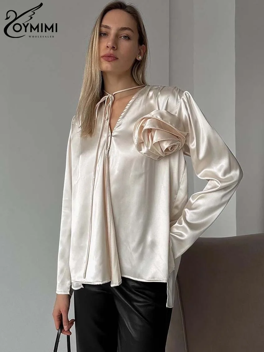 

Oymimi Elegant Apricot Appliques Women's T-Shirt 2024 Casual Satin Lace-Up Long Sleeve Tops Spring Summer Solid Pullover Female