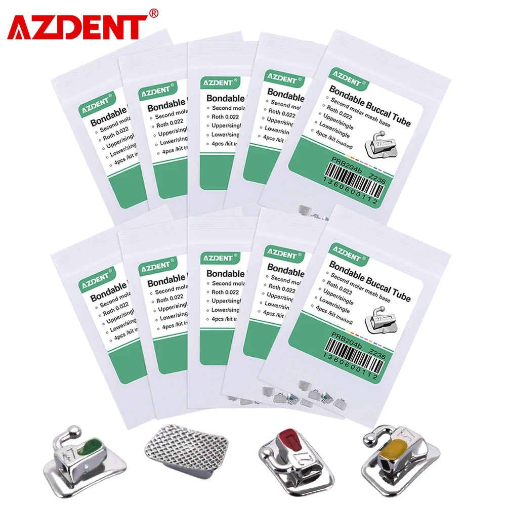 AZDENT 10 Kits Dental Orthodontic Bondable Buccal Tube 1st / 2nd Molar Mesh Base Non-Convertible Single Tube Roth / MBT/Edgewise