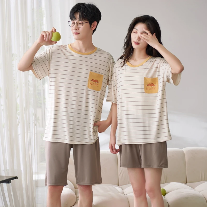 Summer Pajams Set Couple Modal Nightwear Men Women Short Sleeve Pyjamas Striped Sleepwear