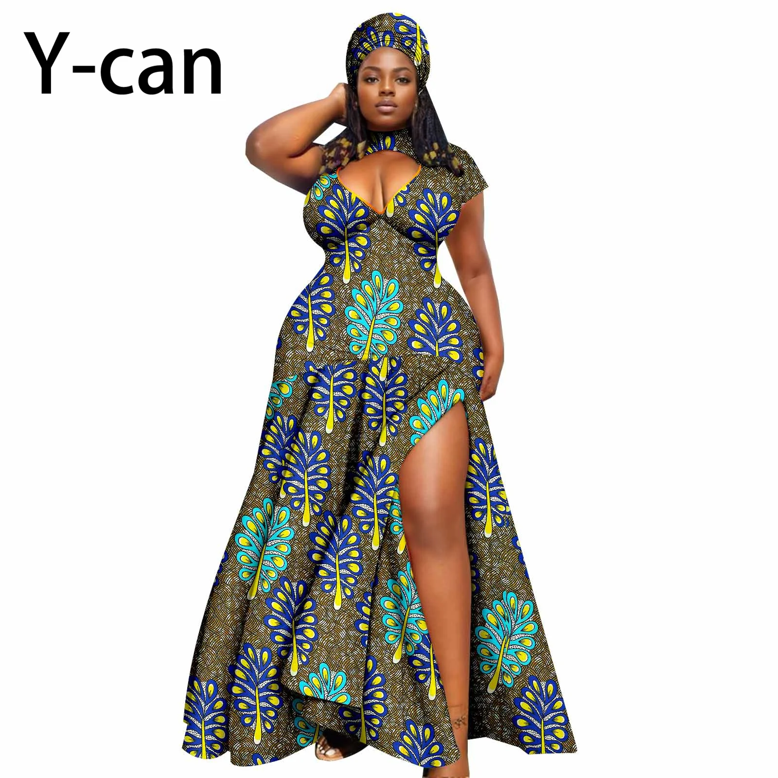 Dashiki African Women Dress Bazin Batik Sleeveless Slim Fit  Mermaid Long Dress Sexy  Hollow Women Dress with Headscarf 2425143