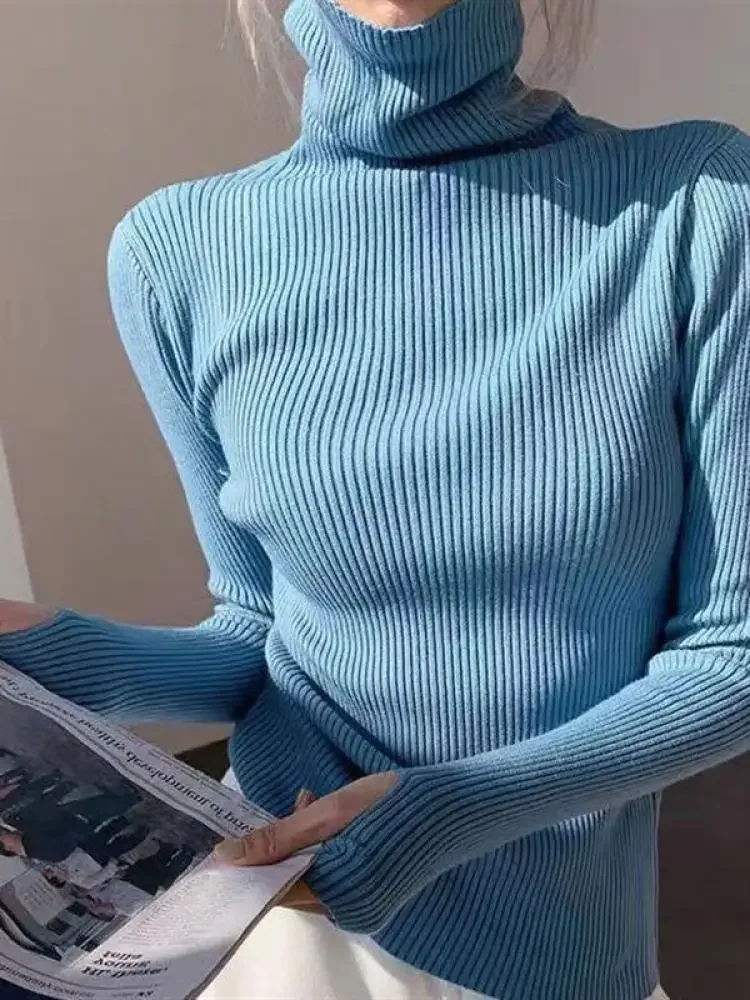 เสื้อสเวตเตอร์คอเต่าผู้หญิง ดีไซน์เรียบหรู สไตล์เกาหลี ผ้าถักแบบพื้นฐาน สวมใส่สบาย มีช่องสำหรับนิ้วโป้ง แฟชั่นทันสมัย