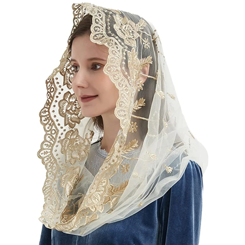 Mantilla ผ้าคลุมหน้าคาทอลิกสำหรับผู้หญิงโบสถ์โบสถ์สไตล์สเปนการถือกำเนิดรูปดอกบัวสีม่วงทองอธิษฐานคริสเตียน