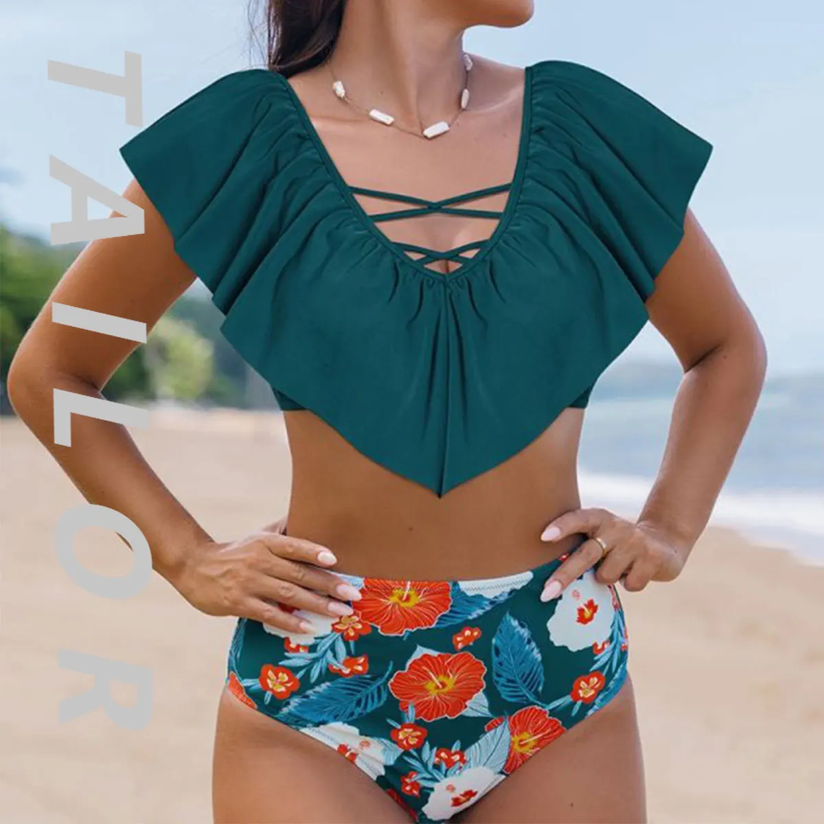 

2025 new swimsuit sexy ruffle edge v-neck high waist split women's bikini swimsuit