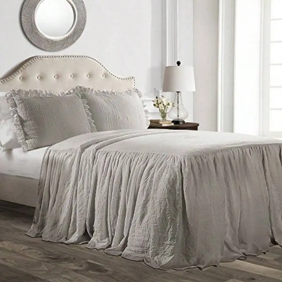 Ruffle Skirt Bedspread Set 3 Piece Farmhouse Bedding Elegant Ruffle Detail Soft Lightweight King Grey