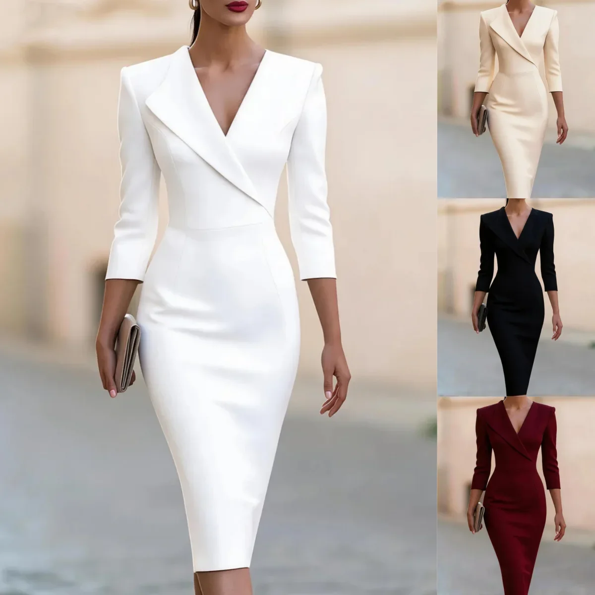 Damen V-Ausschnitt Dreiviertelarm Revers Bodycon-Kleid Elegantes Bürokleid Bleistiftrock für Arbeit und Party – Detail 2