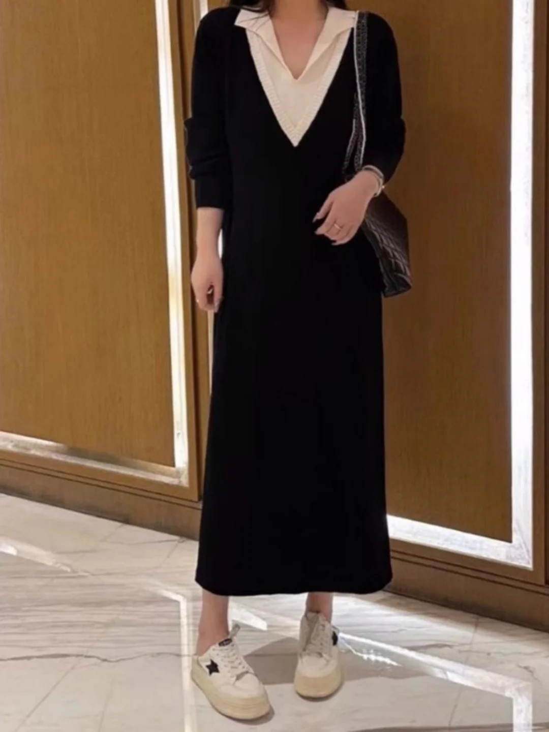 Extra Large 300 Pounds  Collar Long Sleeve Knitted Dress Knee-Length Overcoat Fake Two-Piece Base Layer Sweater Dress